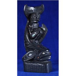 Lionel Samuels Argillite Carving of a Human Riding a Whale with Inlay Work 11 3/8" H. 5 1/2" Deep  F