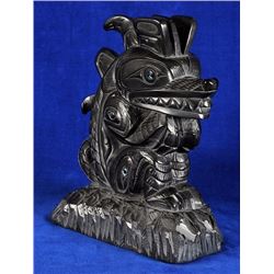 Lionel Samuels Argillite Carving of a Sea Wolf with Inlay Work 9 1/4" H. 7 1/2" W.  Fine Condition