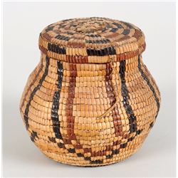 Lillooet Fully Imbricated Lidded Nut Basket 6 1/2" D. 5 1/2" H.  Good Condition