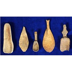 Five Aleut Carved Antler Spoons From Kodiak Island, AK 2 1/4" L. - 4" L.  Good Condition