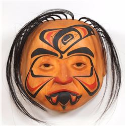 Glen Rabina Carved Alder Mask with Raven Design 1979  8 1/2" H. 8 1/4" W.  Good Condition