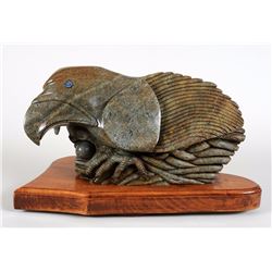 Carved Steatite Grizzly Bear and Eagle  by Tom Hamer 18 1/2" L. 9" W. Good Condition