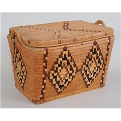 Large Salish Lidded Basketry Trunk with Handles and Diamond Imbricated Design 24" L. 16" W. 15" H. F