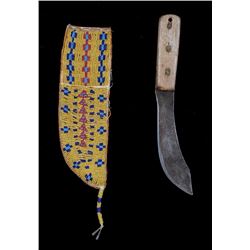 Sioux Beaded Knife Sheath with Geometric Design on Parfleche and Beaded Drop 14" L. Including Knife 