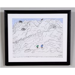 Inuit Pencil Drawing of Two Hunters, Musk Ox and Caribou by Tony Angukalluq 14 1/2"x 17 1/2" Framed 