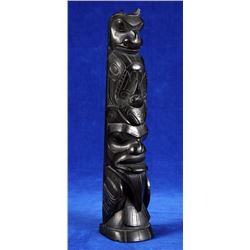 Mid 19TH C. Haida Argillite Hollow Back Totem Carved with Bear Holding Halibut and Raven Woman with 