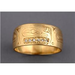 Derek Wilson 14K Gold Ring with Incised Design and Set with Six Diamonds 6.3 GMS Size 10 Good