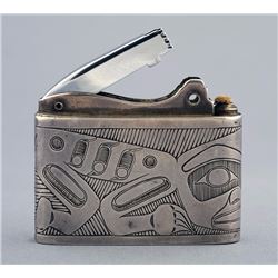 Bill Reid Silver Lighter with Incised Human Design, Signed Haida Art Reid 2 1/8"x 2 1/4"  Good Condi