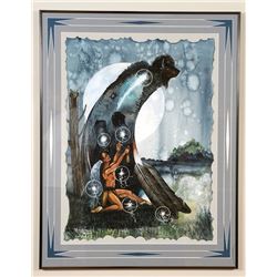Ojibway Watercolor of Buffalo Spirit by Robert Kakaygeeick Jr. 28 1/2"x 48"  Good Condition and a Fr