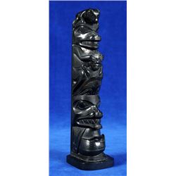 Thomas Moody Carved Argillite Totem of a Bear with a Cub on His Head and Holding a Blind Fisherman o