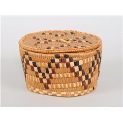 Lidded Salish Basket with Chevron Design 7 1/2" D. 4 1/2" H.  Good Condition