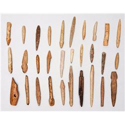 30 Aleut Bone Artifacts From Kodiak Island, B.C. 1" L. - 3 1/4" L.  Good Condition
