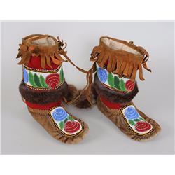 Pair of Cree Beaded Smoked Moose Hide High Top Moccasins with Floral Design and Rabbit Fur Trim 11" 