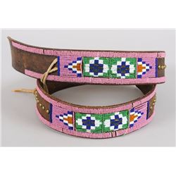 19TH C. Plateau Beaded Belt with Geometric Design and Brass Tacks 44" L. 2 1/4" W.  Good Condition