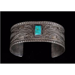 Navajo Silver and Turquoise Bracelet with Stamped Design, Fred Harvey Era 6" L. 1" W.  Good Conditio