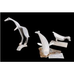 Two Inuit Antler Carvings; Beluga Whale by Jonny Annanack - George River 7 1/2" L. and Two Birds 6 3