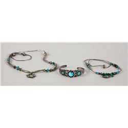 Navajo Silver and Turquoise Bracelet 5 1/2" L. 3/4" W. and Two Navajo Silver and Turquoise Necklaces
