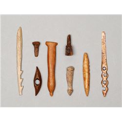 Eight Inuit Bone and Marine Ivory Artifacts 1/2" L. - 3 1/4" L.  Good Condition NOT ALLOWED TO SHIP 