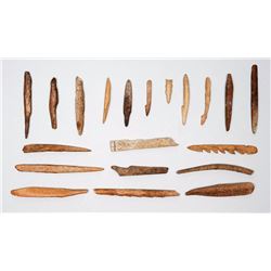 20 Aleut Bone Artifacts - Kodiak Island, AK 1 1/2" L. - 3 1/2" L.  Good Condition