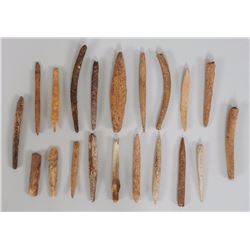 20 Aleut Bone Artifacts - Kodiak Island, AK 1 1/2" L. - 3 1/2" L.  Good Condition