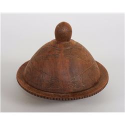 Northwest Coast Carved Alder Butter Dish with Incised Totemic Design 6 3/4" D. 5 1/2" H.  Good Condi