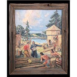 Oil Painting on Board of Fort Construction by R. Beauchamp 19"x 23" In Rustic Wood Frame  Good Condi