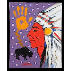 Joe David Oil Painting of Chief Crazy Horse 16"x 20"  Good Condition