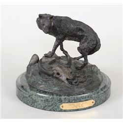 Bronze Sculpture of Wolf "Enemy That Warns" After C.M. Russell - EMT 196/2500  6 3/4" H. 8" W. Base 