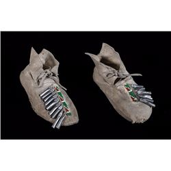 Pair of Child's Beaded Moccasins with Geometric Design and Decorated with Tin Cones 7" L.  Fair Cond