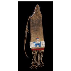 Cheyenne Beaded Tobacco Bag with Dog Design 16" L. with Fringe 4" W.  Good Condition