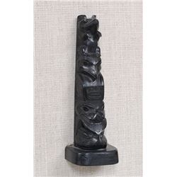 Rufus Moody Argillite Totem Carved with Three Figures 6" H. and Mounted in Frame  Good Condition