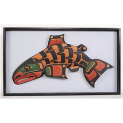 George Hunt Carving of a Salmon 28 1/2"x 48 1/2" Framed  Good Condition