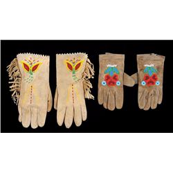 Two Pairs of Ladies Beaded Gloves with Floral Design  Good Condition