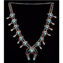 Navajo Silver And Turquoise Squash Blossom Necklace 26" L. Open - Naja 2 1/4"x 2 1/2"  Good Conditio