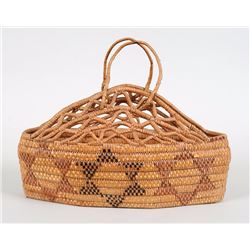 Salish Carry Basket with Open Work and Star Design 16" W. 12" H.  Fair Condition
