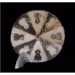 Inuit Sealskin Ookpik Wall Hanging by Bessie Kolaluk 16" D. and an Inuit Carved Whale Bone Bird Head