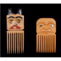 Two Carved Wood Combs; Beaver Design 6" L. 2 1/2" W. and Human Design 4 1/2" L. 2" W.  Both in Good 