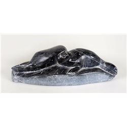 Inuit Soapstone Carving of Two Seal by Sakaraise 10 1/2" L. 5" W.  Good Condition