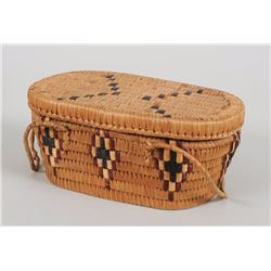 Salish Basket with Imbricated Diamond Design 7 1/2" L. 4 1/2" W. 3 1/4" H.  Good Condition