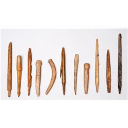 Ten Aleut Bone Artifacts Including Needles, Awls and Fish Hooks - Kodiak Island, AK 1/2" L. - 2 1/2"