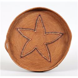 Lillooet Basketry Tray with Imbricated Star Design 16" W.  Good Condition with Minor Loss