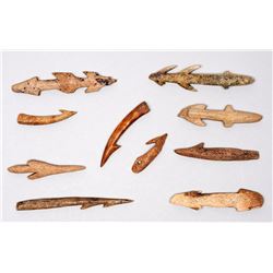 Ten Aleut Bone and Antler Fish Hooks 1 1/2" L. - 2 1/4" L.  Good Condition