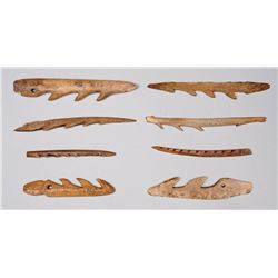 Eight Aleut Carved Antler Harpoon Points From Kodiak Island, AK 4 1/4" L. - 5 1/2" L.  Good Conditio