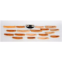 18 Carved Canoes 4 1/2" L. - 8" L. and a Carved and Painted Candle Holder with Whale Design 2 3/4"x 