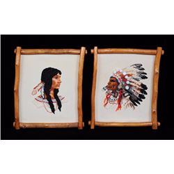 Two Framed Embroidered Pictures of a Native Maiden and a Chief 19 1/2"x 23"  Good Condition