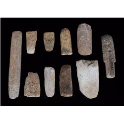 Ten Aleut Bone Scraper Artifacts - Kodiak Island, AK 4 1/4" L. - 11 1/4" L.  Good Condition