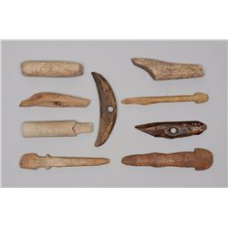 Nine Aleut Carved Antler and Bone Harpoon Points and Seal Pulls - Kodiak Island, AK 2 1/2" L. - 4" L