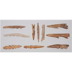 Ten Aleut Carved Antler and Bone Harpoon Points and Seal Pulls - Kodiak Island, AK 2 1/2" L. - 4" L.