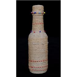Aleut Basketry Covered Bottle with Beads Made by Philis Restopsoff - Akhiok, Kodiak Island, AK 7" H.