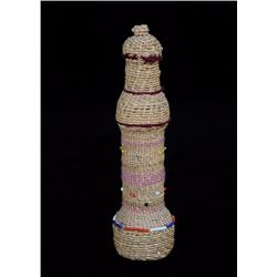 Aleut Basketry Covered Bottle with Beads and Wool Decoration Made by Philis Restopsoff - Akhiok, Kod